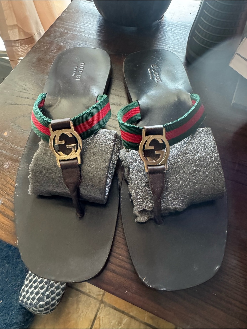 Gucci Women Black Leather Sandals with Green & Red Web Stripe and Gold Logo